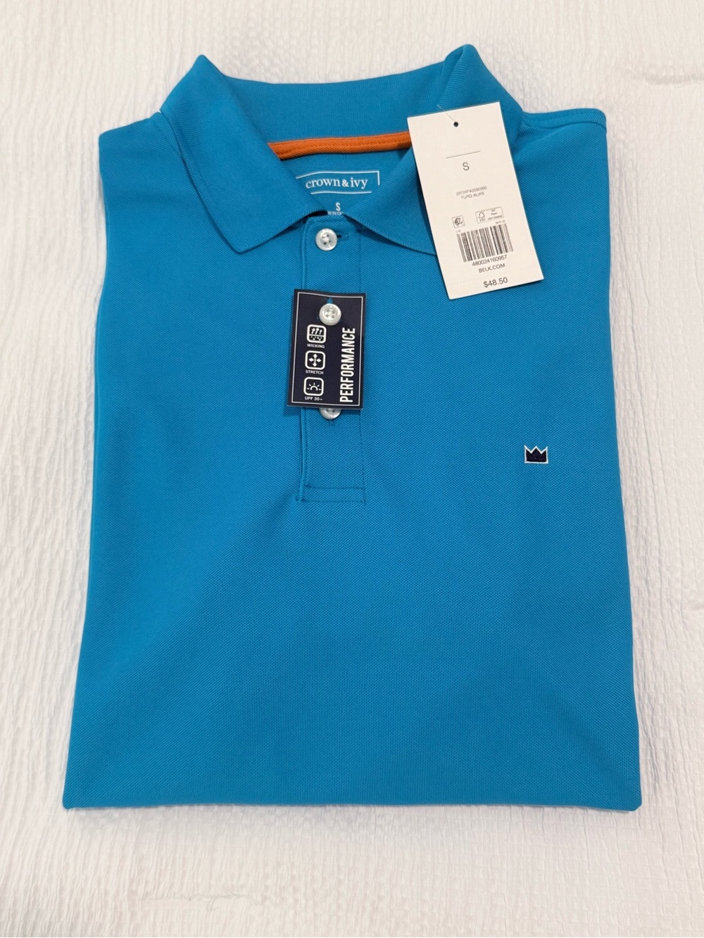 Crown & Ivy Men’s Performance Polo Small Turquoise Blue NWT UPF 30+ Stretch